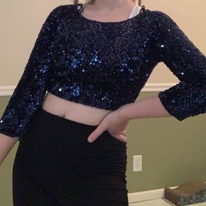 Forever21 blue sequined long sleeve crop top